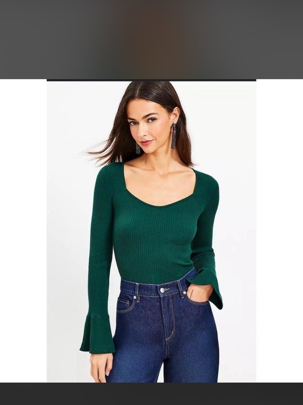LOFT Forest Green Ribbed Sweater with Flared Sleeves